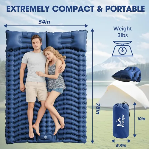 Vista 2 de Double Camping Sleeping pad with Pillow & Built-in Foot Pump Navy Blue