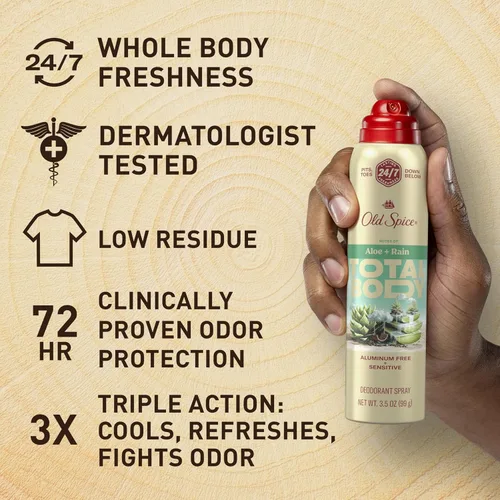Vista 3 de Old Spice Desodorante en aerosol para todo el cuerpo para hombres, sin aluminio, aroma a aloe + lluvia, protección contra olores 24/7, frescura