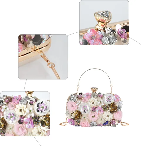 Vista 5 de POPIDEO Women's Flower Floral Evening Clutch Bag Wedding Purse Rhinestone Crystal Beaded Cocktail Party Bridal Prom Handbag