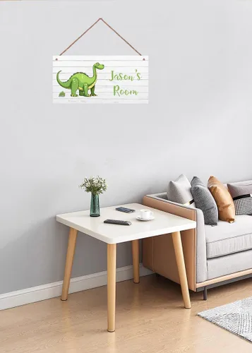 Vista 3 de Letrero de dinosaurio personalizado, bonito arte de dibujos animados para habitación de niños, decoración de pared de puerta, placa de arte floral