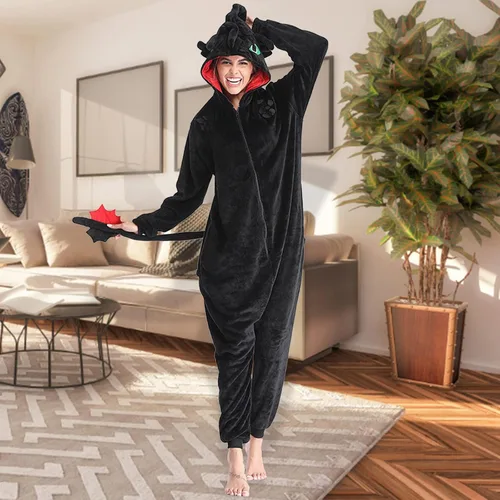 Vista 4 de Toothless Pajamas with Shoes Animal Dragon Train Flannel Costume Winter Plush Onesie PJS Cosplay for family Woman Adult
