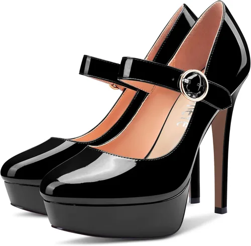 Vista 4 de Castamere Zapatos de tacón de aguja para mujer, tacón alto, punta redonda, estilo Mary Jane, sin cordones, clásico, lindo, de 5.1 pulgadas, tacones