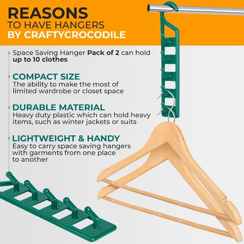 Vista 6 de CraftyCrocodile Perchas que ahorran espacio para ropa, paquete de 2, plástico resistente, ahorro de espacio para camisas, pantalones, jeans