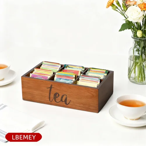 Vista 2 de LBEMEY - Organizador de bolsas de té, recipientes de almacenamiento de té de madera con 6 compartimentos, soporte para paquetes de azúcar, caja