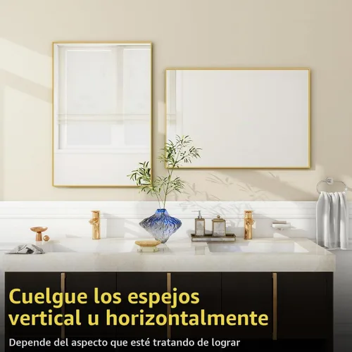 Vista 4 de BEAUTYPEAK - Espejo de pared de baño de 20 x 28 pulgadas con marco de metal, dorado Espejo rectangular con colgante horizontal o vertical, ideal
