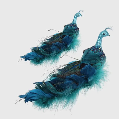 Vista 9 de Adornos de Navidad de pavo real de 12 pulgadas, elegante pájaro de pavo real azul verde azulado decorativo con cola de plumas en clip, adorno de 1