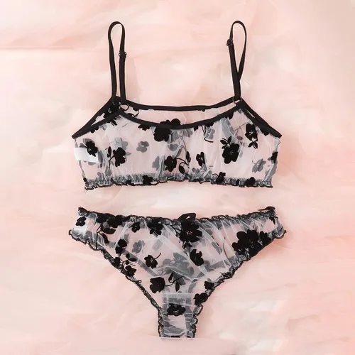 Vista 3 de Conjunto de 2 piezas de brasier y bragas con aros para mujer, conjunto de lencería sexy con lazo y corbatín