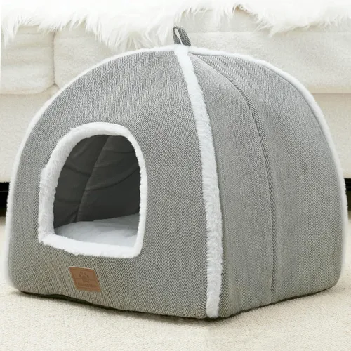 Vista 2 de Camas para gatos de interior, cama de gato, tienda de campaña para gatitos y mascotas pequeñas con cojín lavable, suave y cálida, color gris, 15