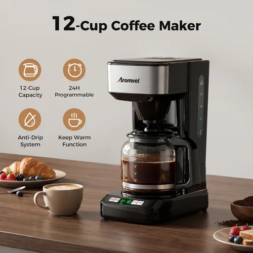 Vista 2 de Cafetera de 12 tazas, cafetera de goteo grande con tanque de agua Plateado