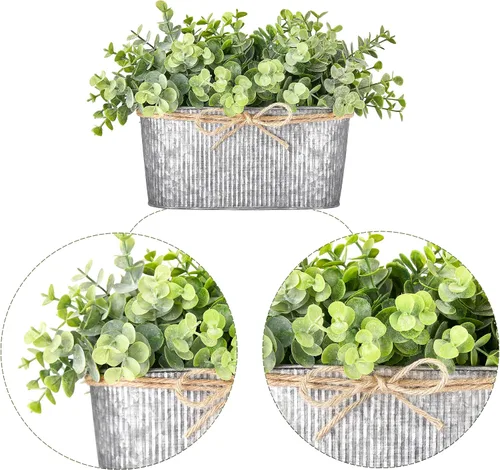 Vista 7 de Dahey Florero de metal con eucalipto artificial, rústico, shabby chic, decoración de granja y plantas artificiales de eucalipto sintético