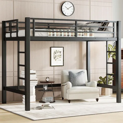 Vista 3 de Twin Size Metal Loft Bed with Open Space Underneath, Heavy Duty Bed Frame with 2 Ladders and Tall Guardrail for Adults, Kids and Young Teens, Black