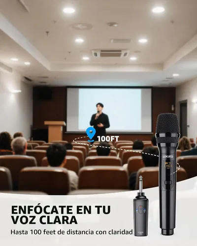 Vista 6 de LEKATO Micrófono inalámbrico, sistema de micrófono dinámico inalámbrico de mano dual recargable de 2.4 GHz con receptor de 1/4 pulgadas, micrófono