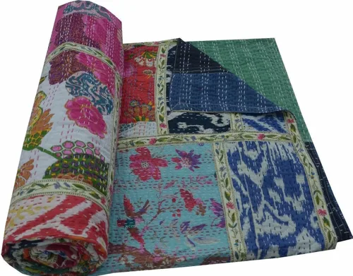 Vista 4 de Manta india hecha a mano de algodón Kantha Gudari (individual multicolor)