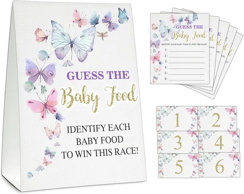 Vista 6 de Guess the Baby Food Party Games, juego de baby shower, 1 letrero de pie + 25 tarjetas de respuesta + 6 tarjetas de números, suministros