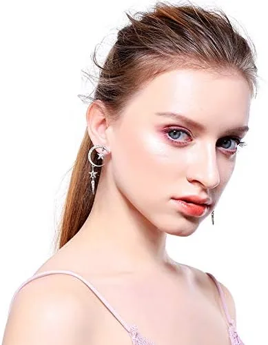 Vista 8 de Exaggerated - Aretes de gota con diseño de luna de sol y estrellas con diamantes de imitación punk, para mujer