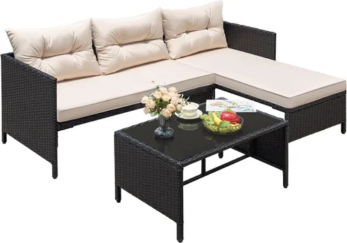 Vista 2 de Greesum - Juego de muebles de patio de 3 piezas, sofá seccional de ratán y mimbre para exteriores con cojines y mesa de centro para jardín, terraza