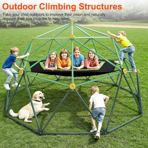 Vista 2 de Domo de Escalada Jungle Gym para Niños de 10 Pies, con Hamaca, Conjunto de Juegos Resistente de Servicio Pesado para Exteriores Todo Clima