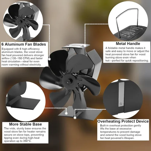 Vista 2 de Ventilador de estufa de leña alimentado por calor, ventilador termoeléctrico de 6 aspas de funcionamiento silencioso de aluminio con soporte fijo