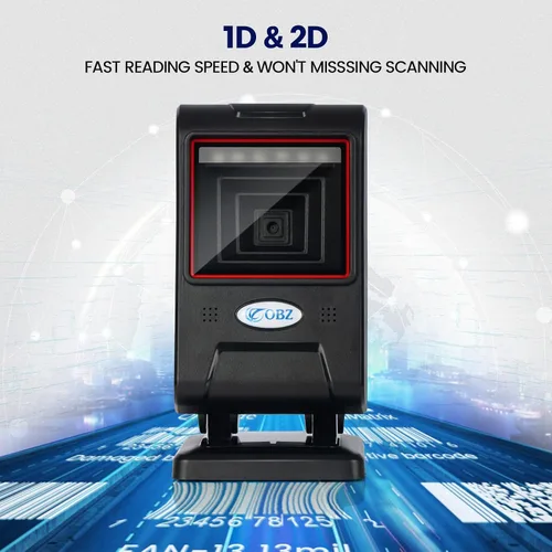 Vista 5 de OBZ Escáner de código de barras de escritorio manos libres, lector de código QR omnidireccional 1D 2D con cabezal de escaneo ajustable, escáner