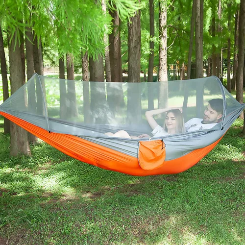 Vista 7 de LFL Hamaca de camping con mosquitero, hamacas con correas de árbol de 13 pies y mosquetones, hamaca portátil automática de apertura rápida para Negro