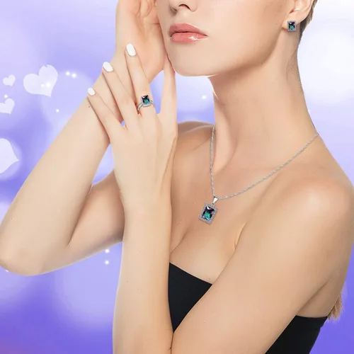 Vista 2 de Uloveido T483 - Juego de anillos solitarios, diseño de topacio místico, gran rectangular, para mujer, con clip