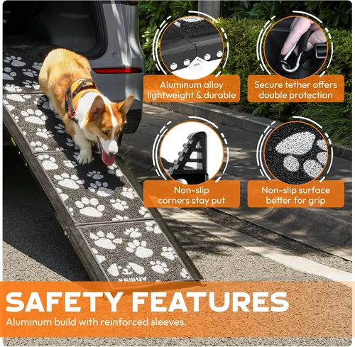 Vista 4 de Rampa plegable portátil para mascotas de 71 x 17.2 pulgadas de ancho con superficie antideslizante. Rampa portátil extra ancha para perros grandes
