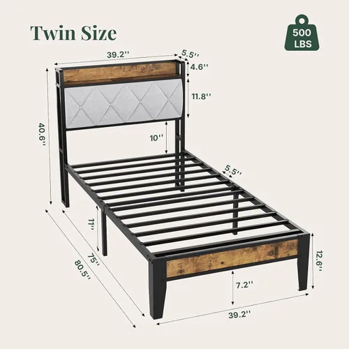 Vista 2 de Sweetcrispy Base de cama individual con cabecera tapizada, cabecera de almacenamiento con estación de carga USB, soporte de listones de metal