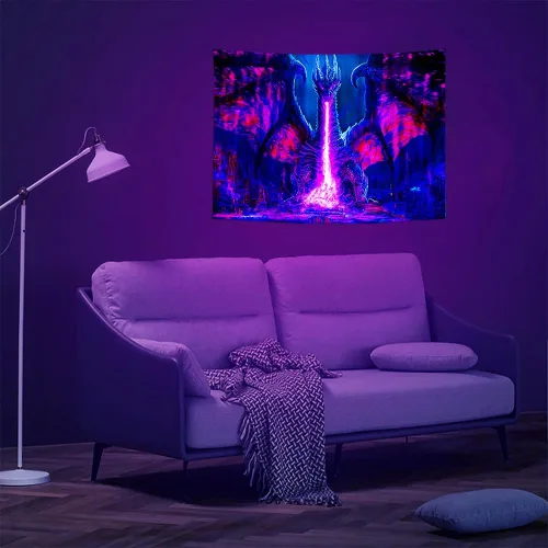 Vista 2 de ADDWel Tapiz de luz negra con dragón, tapiz genial de dragón malvado que brilla en la oscuridad, pósteres de luz negra reactivos a UV para colgar