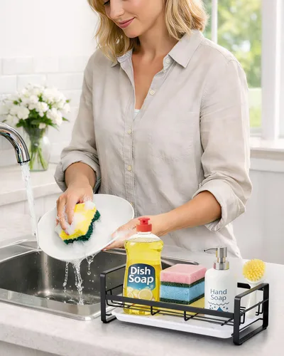 Vista 3 de HULISEN Soporte grande de esponja, organizador de dispensador de jabón de cocina de acero inoxidable 304, escurridor de jabón de encimera con Negro