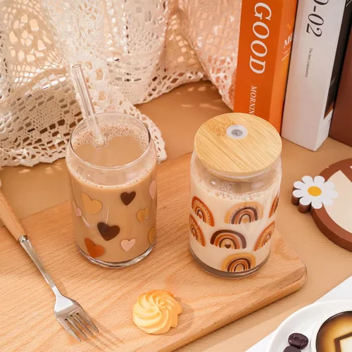 Vista 5 de Whaline Paquete de 6 vasos bohemios de 16 onzas con diseño de arco iris, sol, corazón, flores, taza retro Groovy Ice Coffee Cup con tapa de bambú