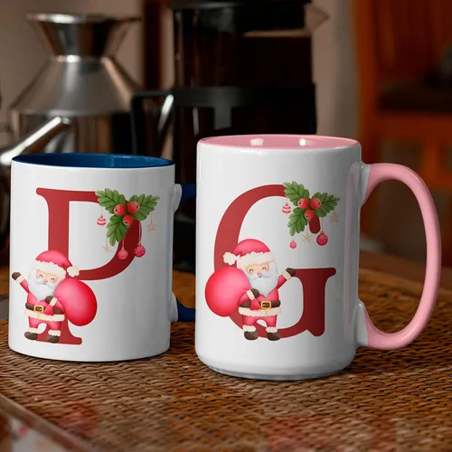 Vista 9 de Taza de café con inicial de Navidad con tema de Papá Noel, 11 o 15 onzas, 9 colores opcionales, tazas personalizadas para niños, niños y niñas, taza