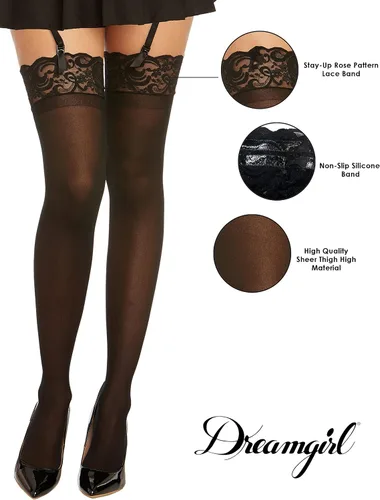 Vista 3 de Dreamgirl womens Sheer Thigh High Pantyhose Hosiery Nylons Stockings With Comfort Lace Top Anti-slip Silicone Elastic Band