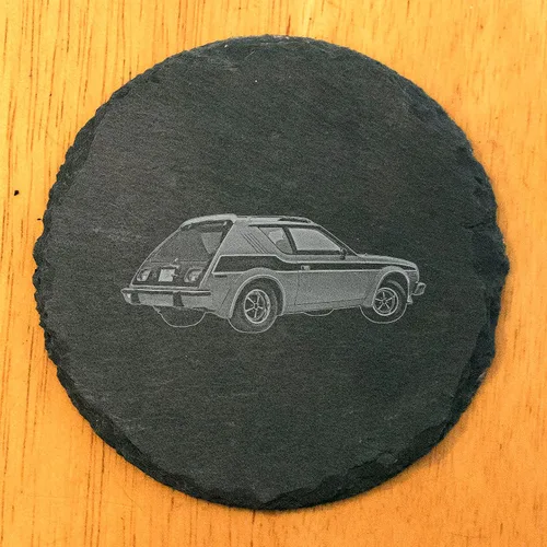 Vista 2 de Engraved Classic Compact Hatchback Coasters Set of 4 – Round – Made in USA Round slate coasters with a laser-engraved 1970s compact hatchback — a