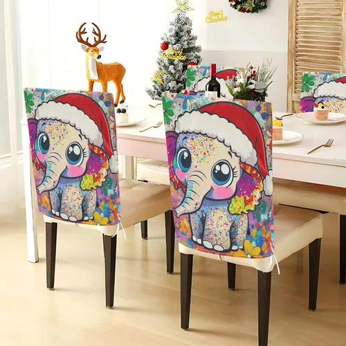 Vista 4 de Juego de 6 fundas decorativas para sillas de comedor con diseño de elefante de Feliz Navidad
