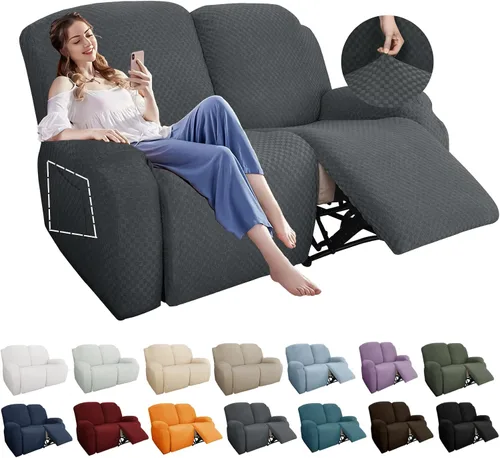 Vista 21 de YEMYHOM Funda elástica de 4 piezas para silla reclinable de jacquard con bolsillo lateral, antideslizante, ajustable, protector de muebles con parte