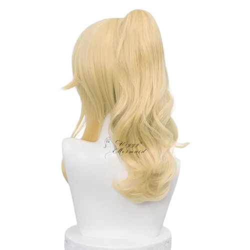 Vista 5 de SL Peluca de cola de caballo rubia ondulada para cosplay de Jean, pelucas de princesa dorada con colas de caballo, flequillos + gorra de peluca