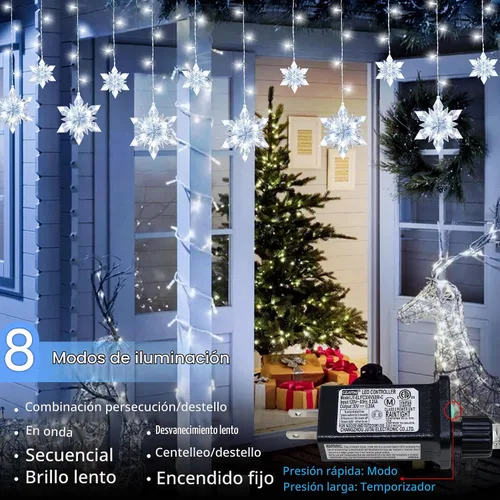 Vista 3 de Luces Navideñas de Copo de Nieve para Exteriores, 8.2 pies, 144 LED Luces de Cadena Navideñas Conectables con Enchufe, Luces Colgantes de Carámbano