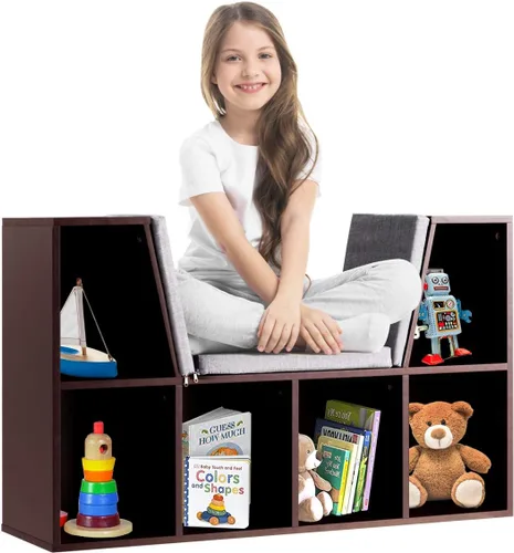 Vista 8 de HONEY JOY Organizador de rincón de lectura con cojín de asiento, estantería para niños con rincón de lectura, estante de almacenamiento de esquina
