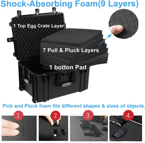 Vista 4 de Regetek Funda rígida impermeable con ruedas, espuma personalizable de 29 x 20.5 x 16 pulgadas, funda de transporte de equipo para cámara, dron
