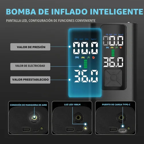 Vista 4 de Inflador de neumáticos, compresor de aire portátil, bomba de aire automática para neumáticos de automóvil, accesorios de automóvil con manómetro