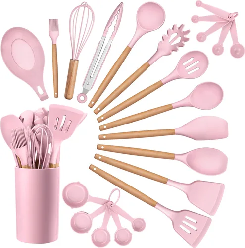 Vista 15 de Juego de utensilios de cocina HaWare, juego de espátulas de silicona de 23 piezas con soporte, utensilio de cocina con mango de madera resistente al