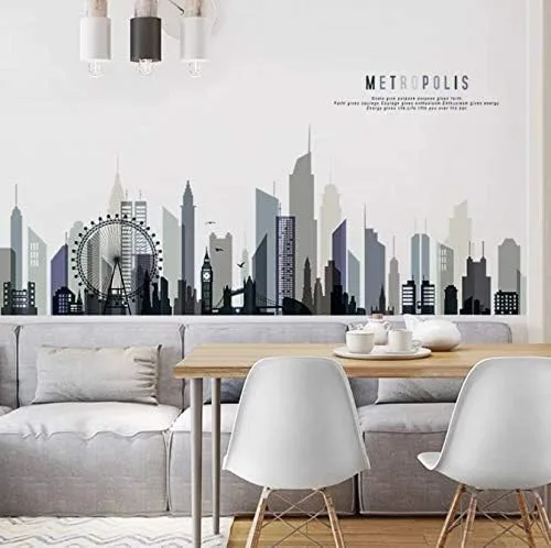 Vista 4 de Adhesivo de pared de ciudad, calcomanía de pared grande para sala de estar, calcomanías de pared negras, calcomanía de vinilo con diseño