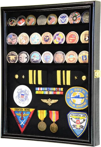 Vista 2 de sfDisplay,LLC. 56 Challenge - Vitrina de monedas – Estantes totalmente ajustables – Monedas más grandes – 98% de protección UV (acabado negro)