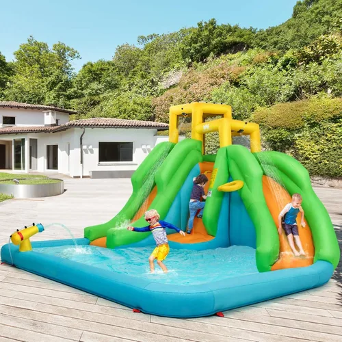 Vista 2 de Boundtech - Casa inflable para saltar, para usar en la alberca, con dos toboganes, pared de escalada, aro de baloncesto, alberca para sambullirse