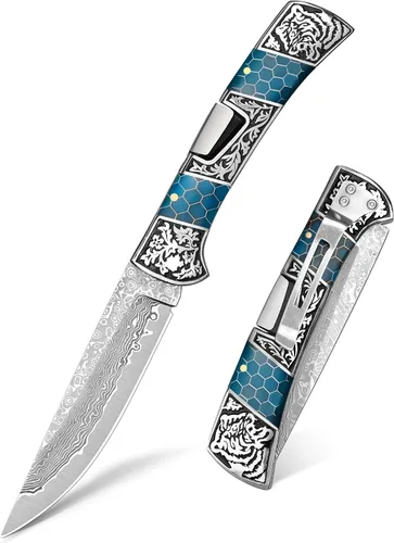 Vista 7 de NedFoss SMILODON - Cuchillo de bolsillo para hombre, cuchillo plegable de bloqueo trasero de 3.9 pulgadas, mango de palisandro con refuerzo de tigre