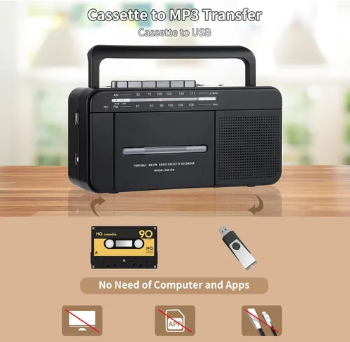 Vista 3 de SEMIER Boombox - Grabadora de cinta de casete de conversión MP3, radio AM FM, convertidor digital de casete a MP3, grabación USB, micrófono