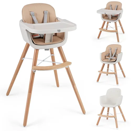 Vista 14 de BABY JOY Trona convertible para bebé, 3 en 1, silla alta de madera/asiento elevador/silla con bandeja extraíble, patas ajustables, arnés de 5 Beige