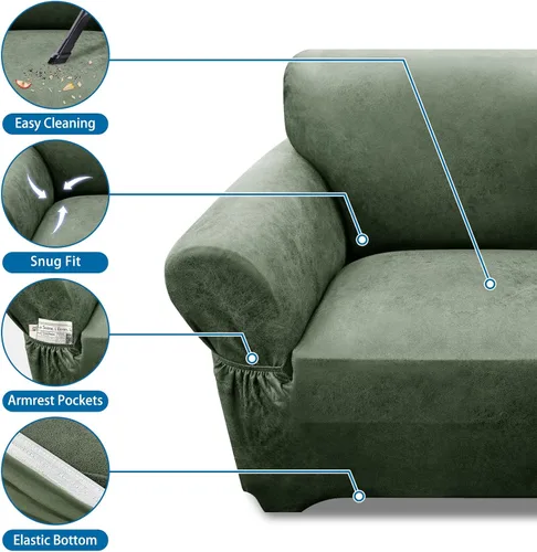 Vista 55 de Fundas para Sillón de 2 Piezas con Cojín en T, Fundas de Aspecto de Cuero para Sofá, Fundas para Sillas, Protector de Muebles Elástico, Funda