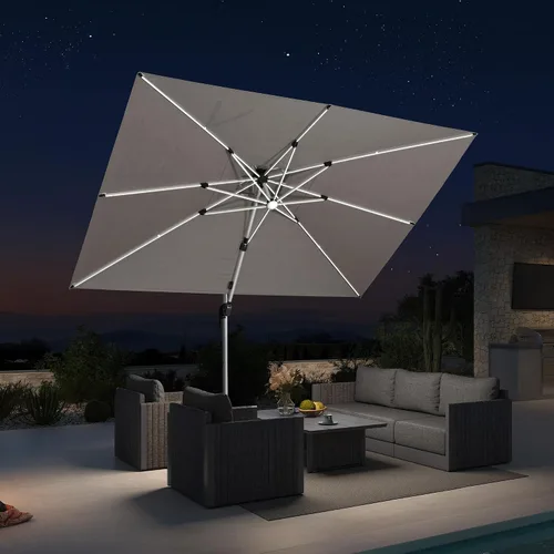 Vista 32 de PURPLE LEAF Sombrilla de patio de 9 x 12 pies con luces, sombrilla rectangular voladiza para exteriores, funciona con energía solar, LED