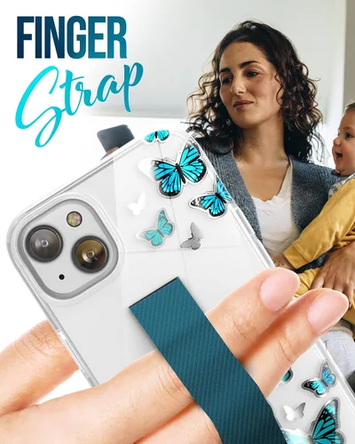 Vista 3 de ENCASED Funda para iPhone 14 diseñada para iPhone 14 con correa de mano, soporte para teléfono y protector de pantalla (mariposa azul)
